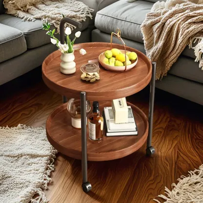 Modern 2-Tier Wood Round Coffee Table with Wheels, Tray Image - 7