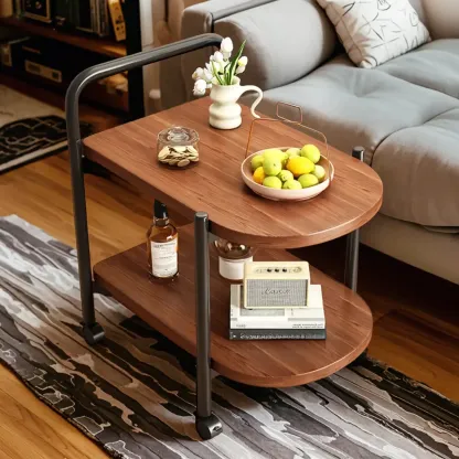 Modern 2-Tier Wood Round Coffee Table with Wheels, Tray Image - 9