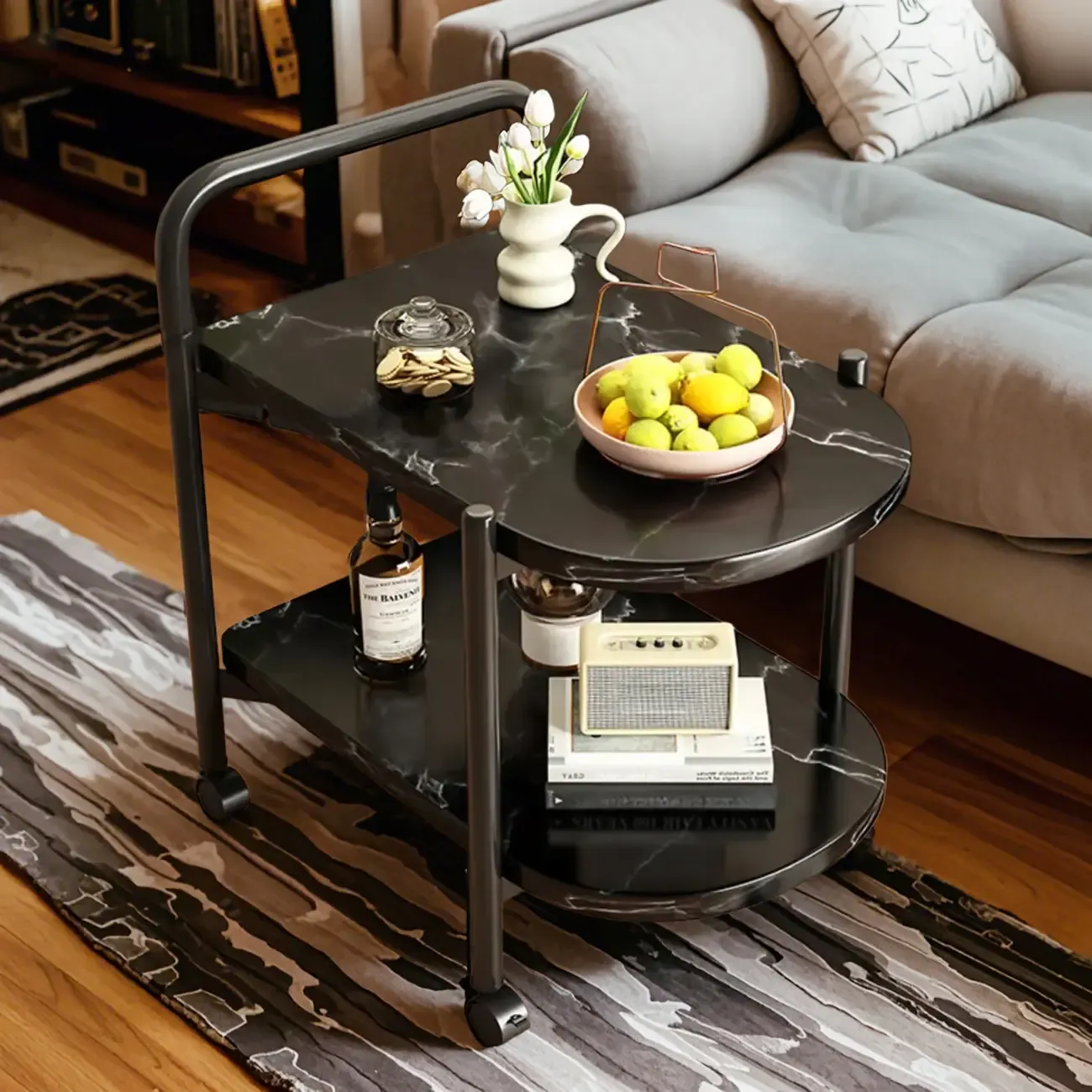 Modern 2-Tier Wood Round Coffee Table with Wheels, Tray Image - 11