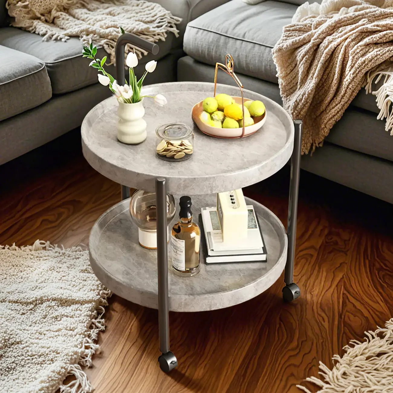 Modern 2-Tier Wood Round Coffee Table with Wheels, Tray Image - 10 | homeyfad