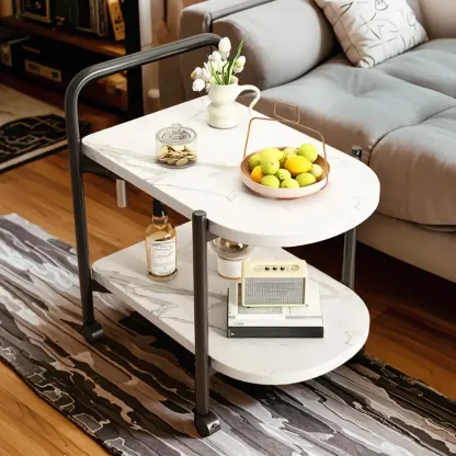 Modern 2-Tier Wood Round Coffee Table with Wheels, Tray Image - 13