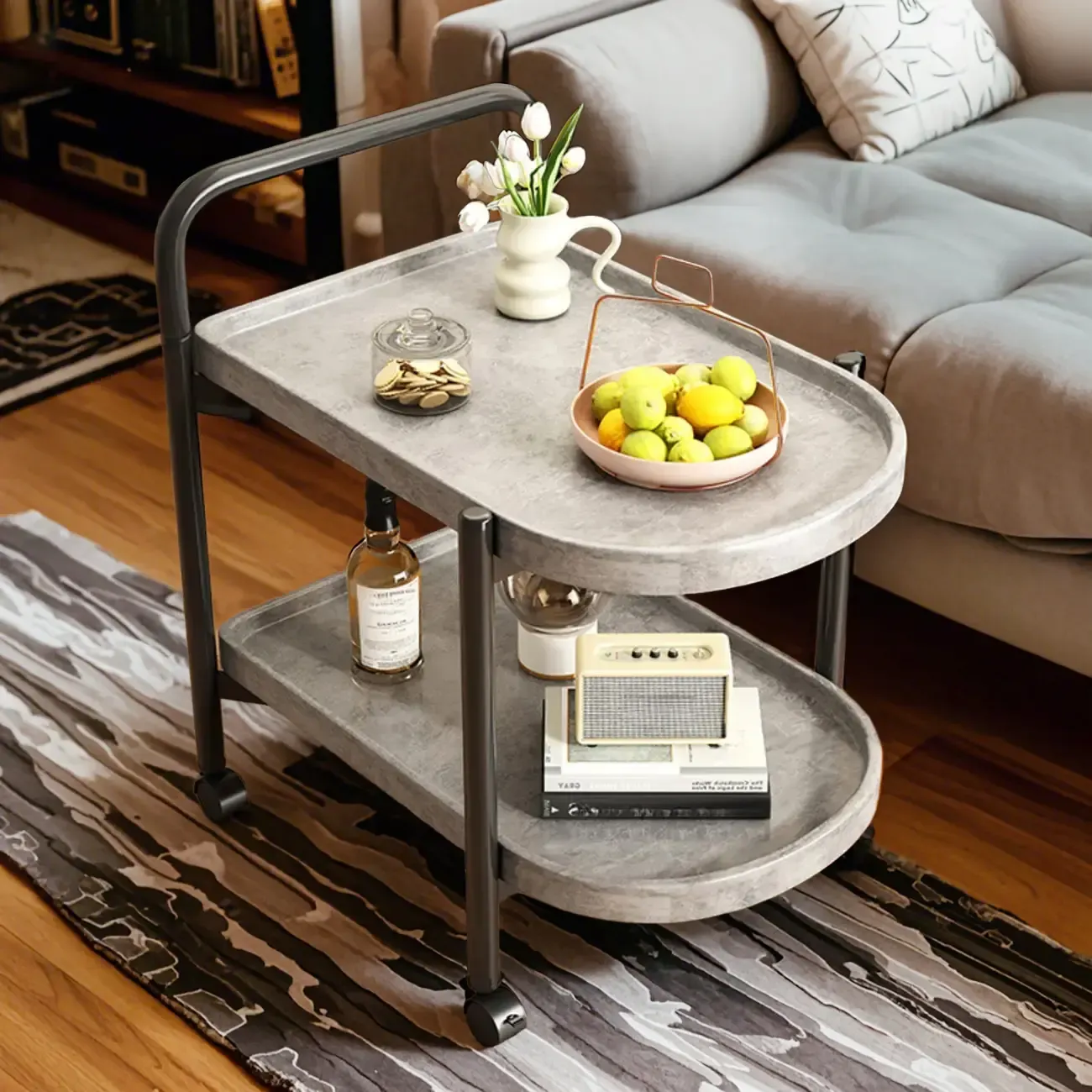 Modern 2-Tier Wood Round Coffee Table with Wheels, Tray Image - 12