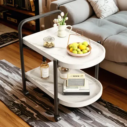 Modern 2-Tier Wood Round Coffee Table with Wheels, Tray Image - 14