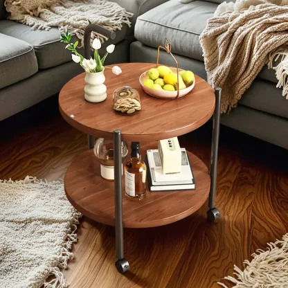 Modern 2-Tier Wood Round Coffee Table with Wheels, Tray Image - 15