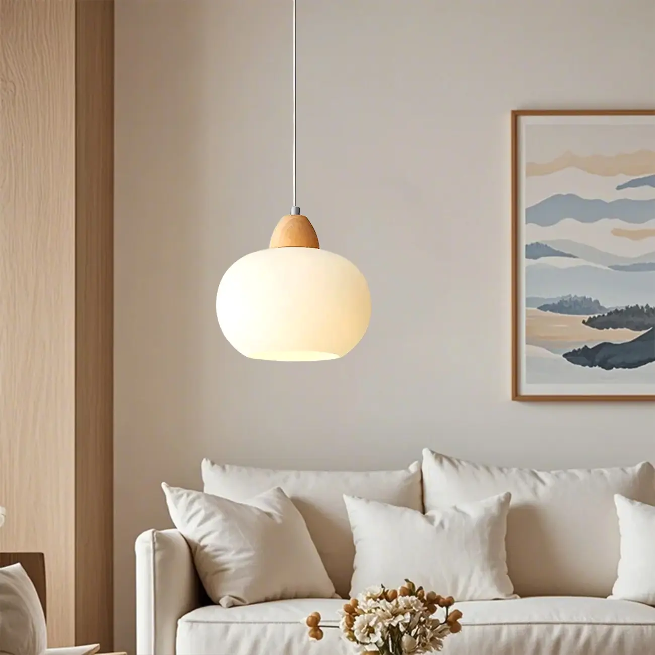 Modern Pebble-Shaped Cream Glass LED Pendant Lamp for Bedside Image - 1 | homeyfad