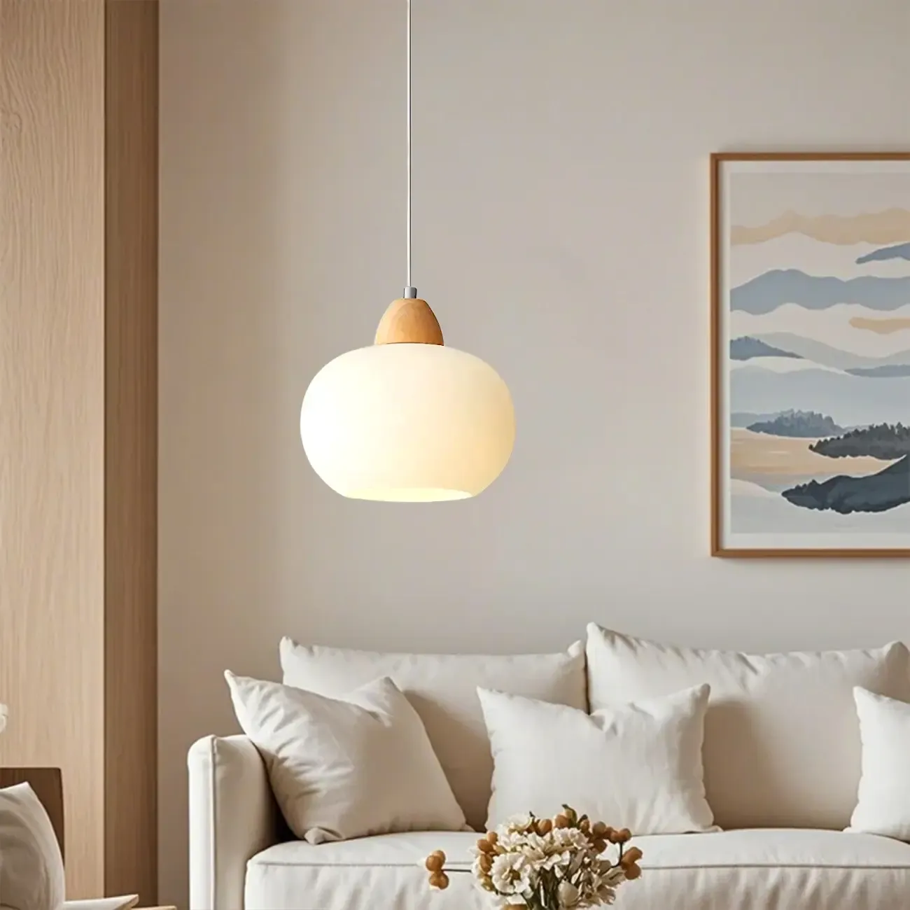 Modern Pebble-Shaped Cream Glass LED Pendant Lamp for Bedside Image - 1