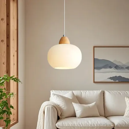 Modern Pebble-Shaped Cream Glass LED Pendant Lamp for Bedside Image - 2