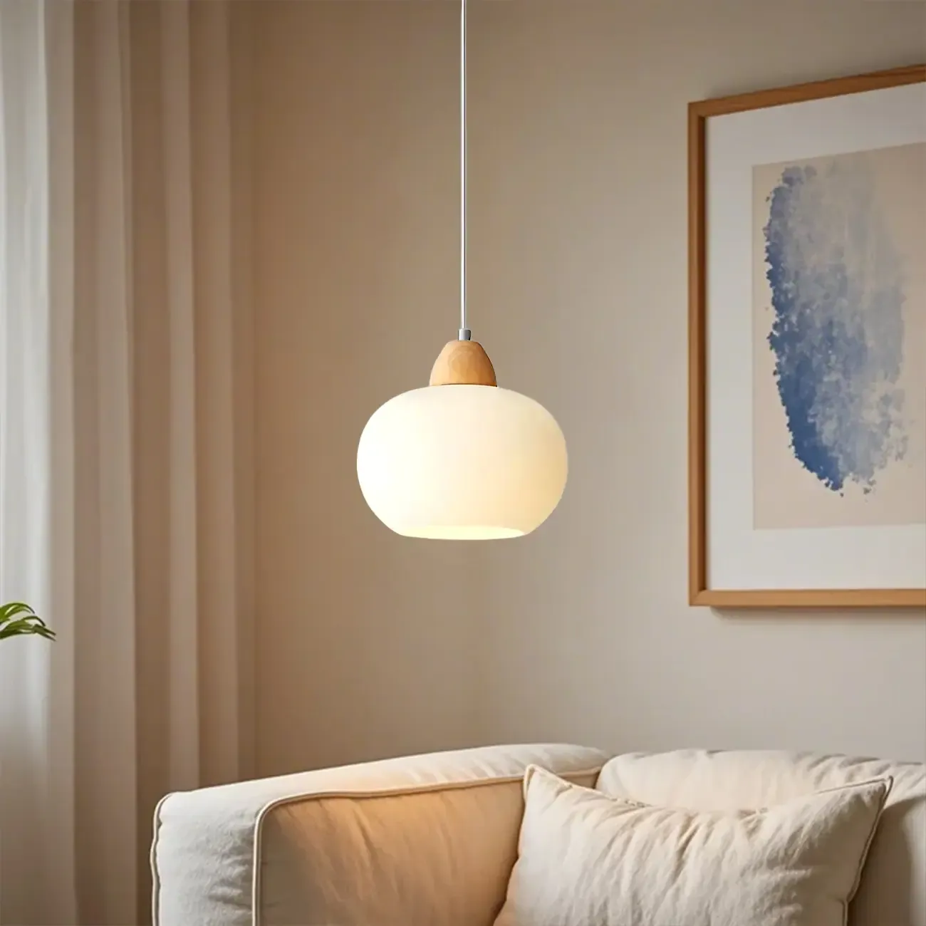 Modern Pebble-Shaped Cream Glass LED Pendant Lamp for Bedside Image - 3