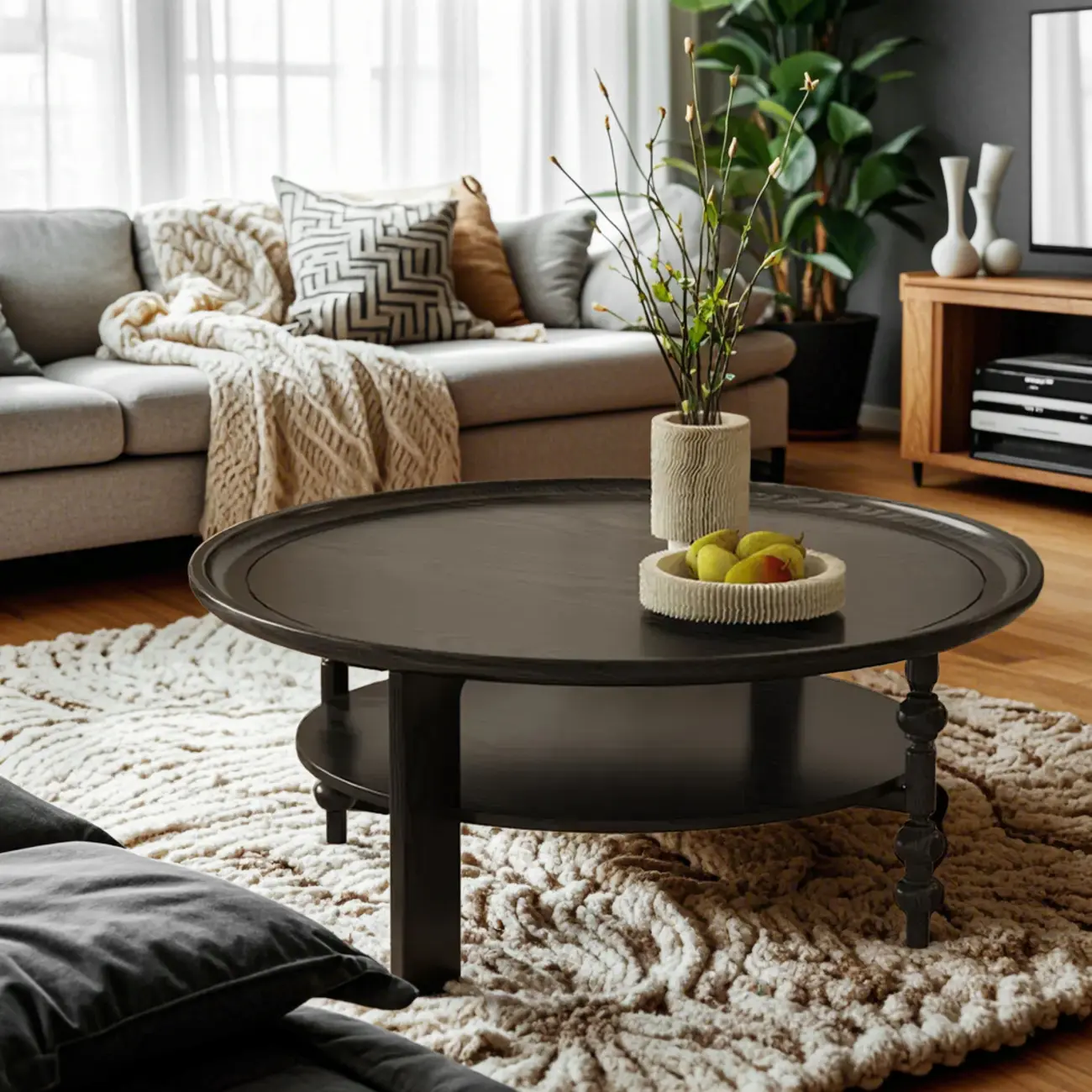 Vintage Wooden Round Coffee Table with Shelf & Tray Top Image - 1 | homeyfad