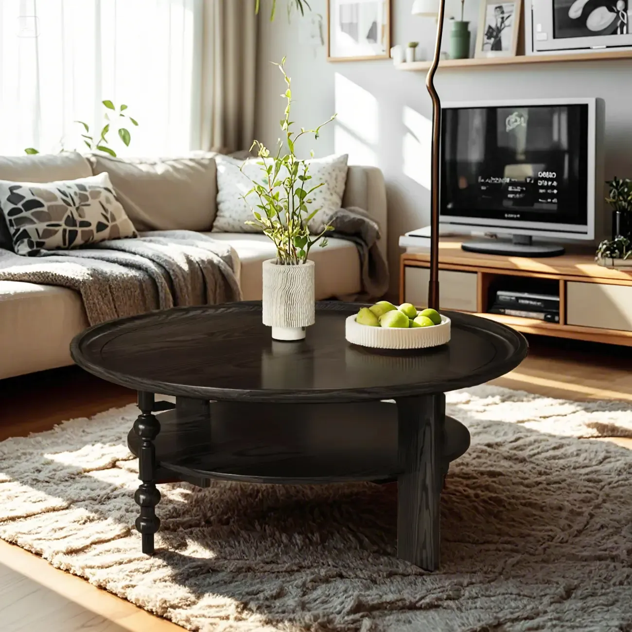 Vintage Wooden Round Coffee Table with Shelf & Tray Top Image - 2