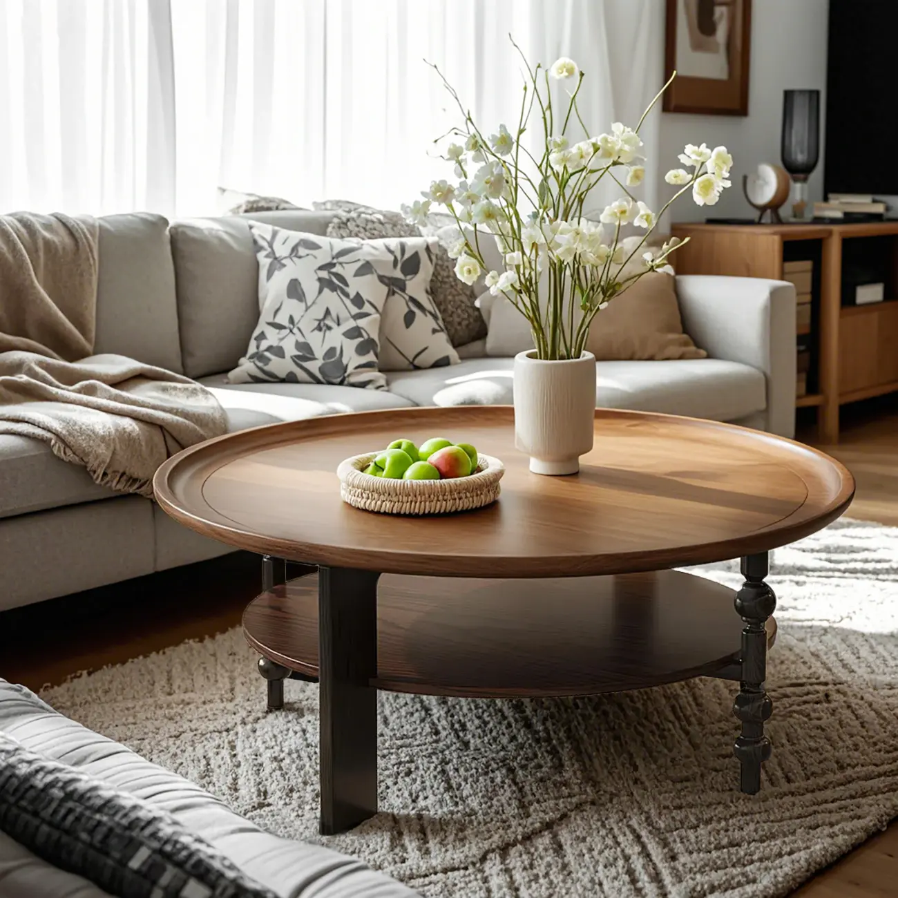 Vintage Wooden Round Coffee Table with Shelf & Tray Top Image - 3 | homeyfad
