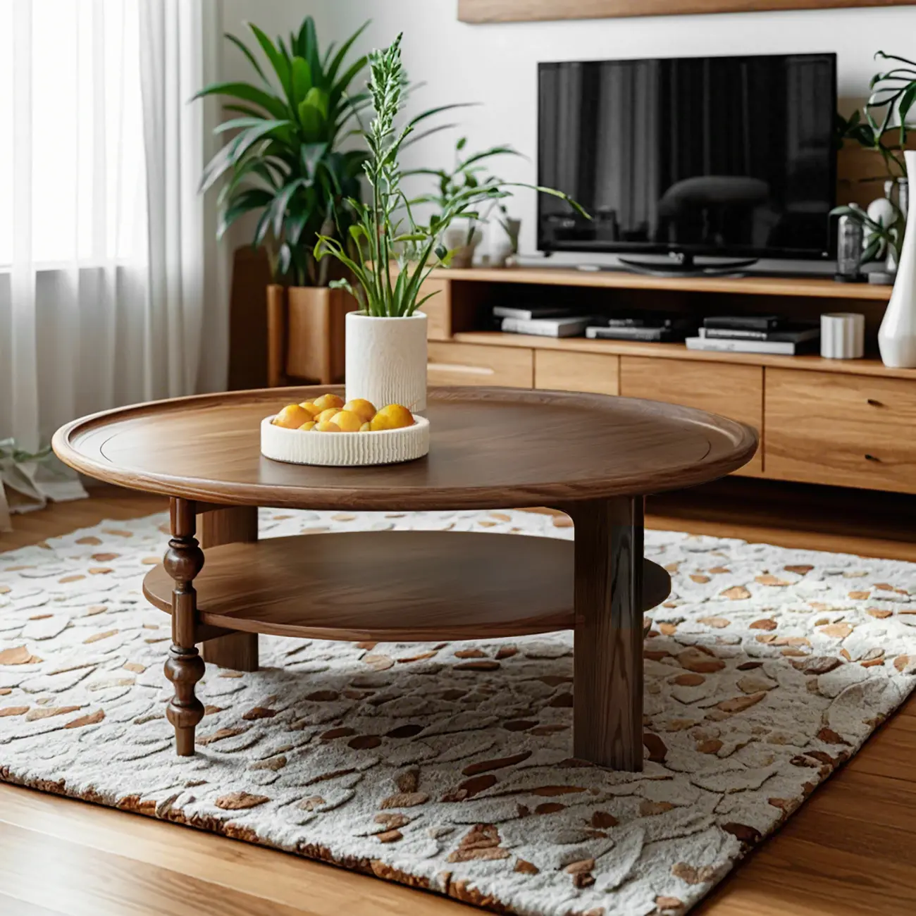 Vintage Wooden Round Coffee Table with Shelf & Tray Top Image - 4 | homeyfad