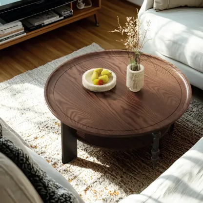 Vintage Wooden Round Coffee Table with Shelf & Tray Top Image - 5