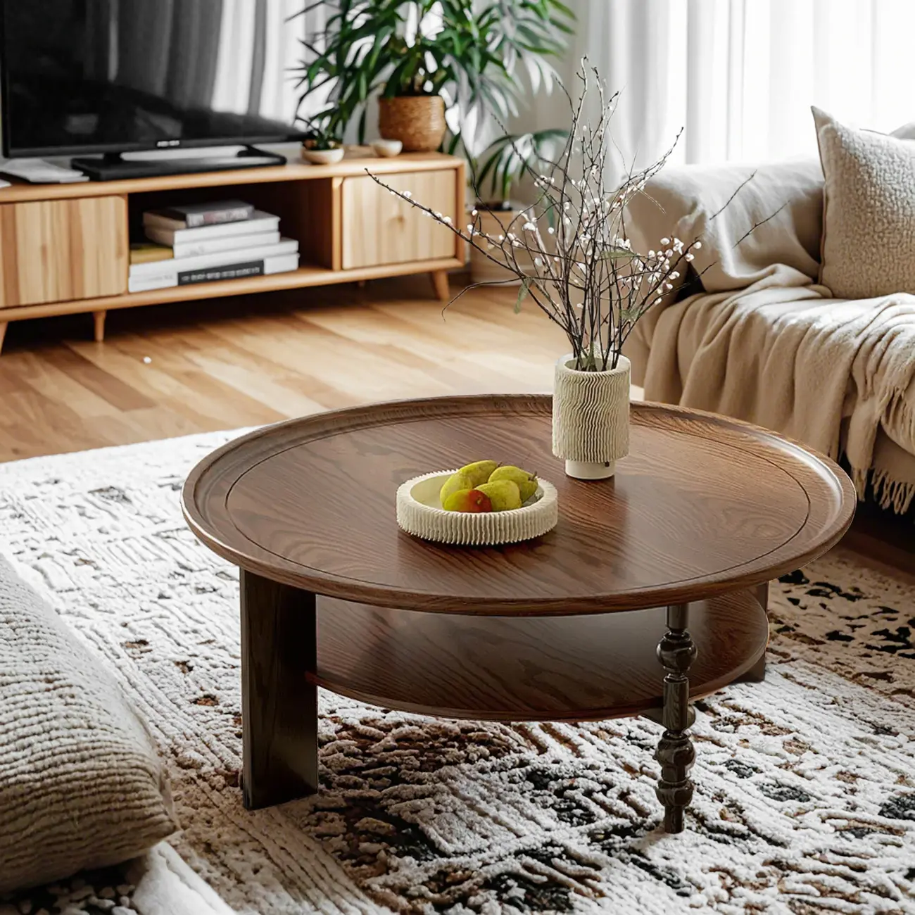 Vintage Wooden Round Coffee Table with Shelf & Tray Top Image - 6 | homeyfad