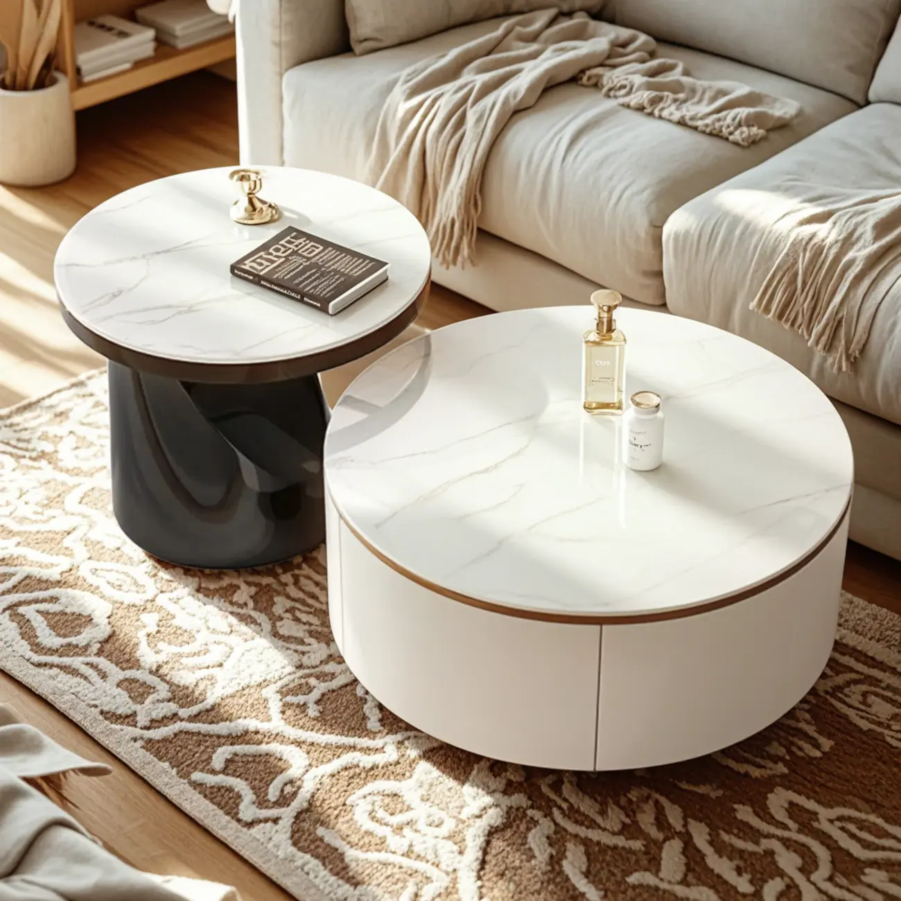 Elegant Indoor Round Nesting Coffee Table with 2 Drawers Image - 1 | homeyfad