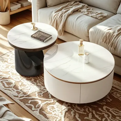 Elegant Indoor Round Nesting Coffee Table with 2 Drawers Image - 1