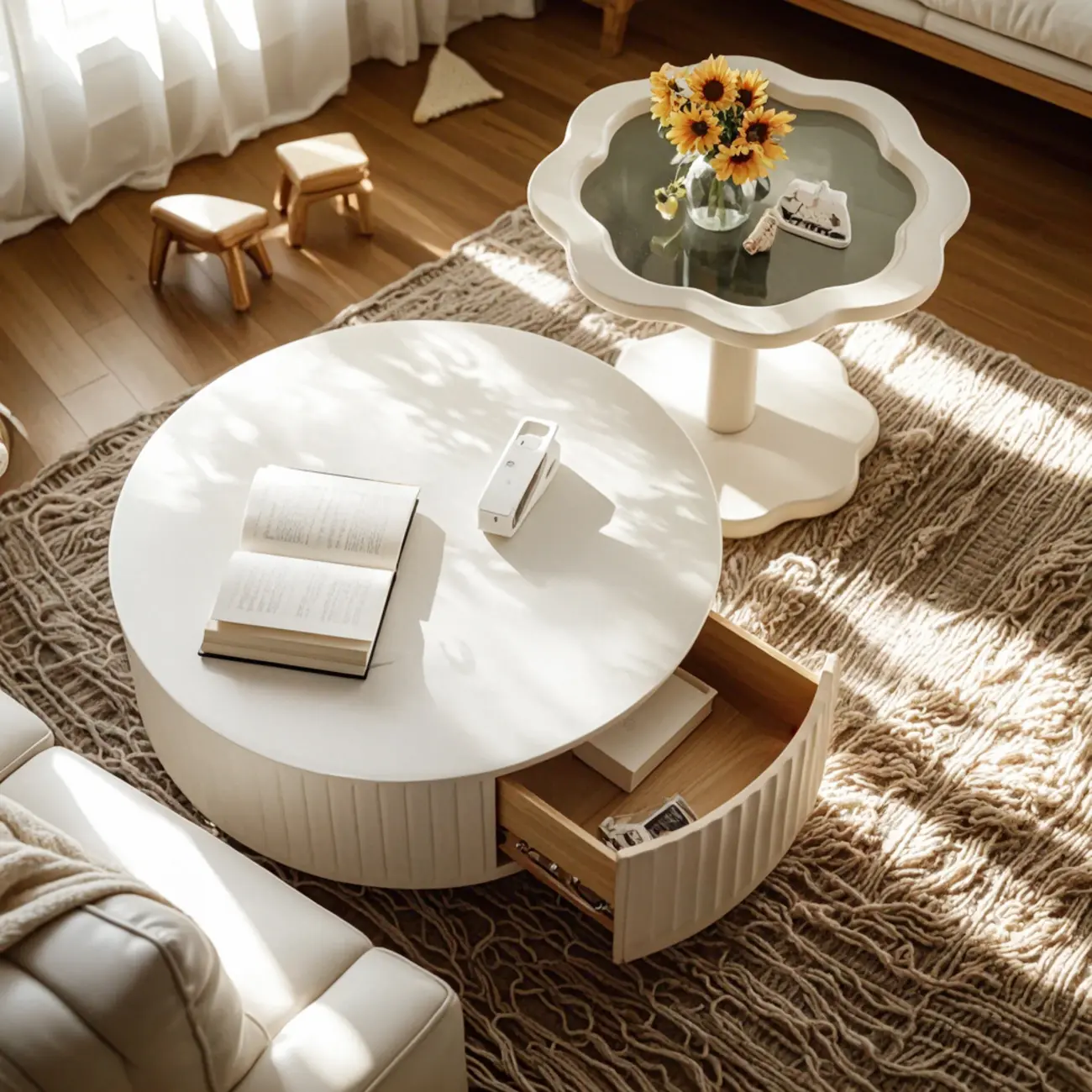 Elegant Indoor Round Nesting Coffee Table with 2 Drawers Image - 2 | homeyfad