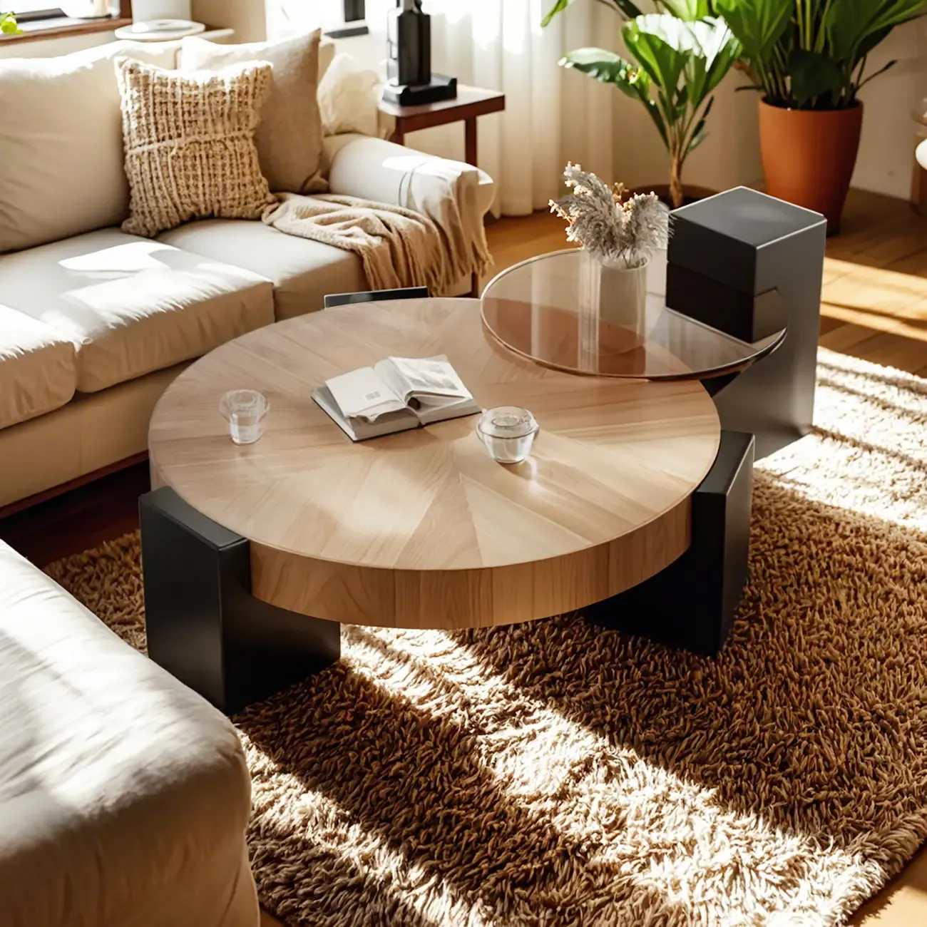 Elegant Indoor Round Nesting Coffee Table with 2 Drawers Image - 3