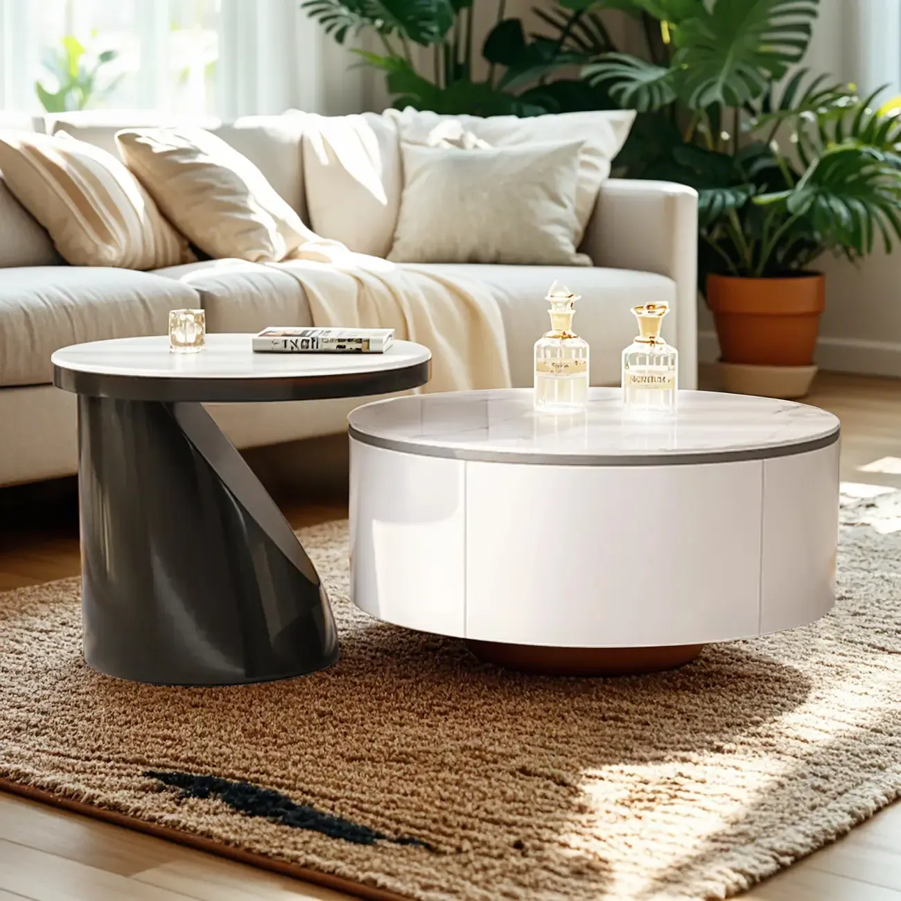 Elegant Indoor Round Nesting Coffee Table with 2 Drawers Image - 5