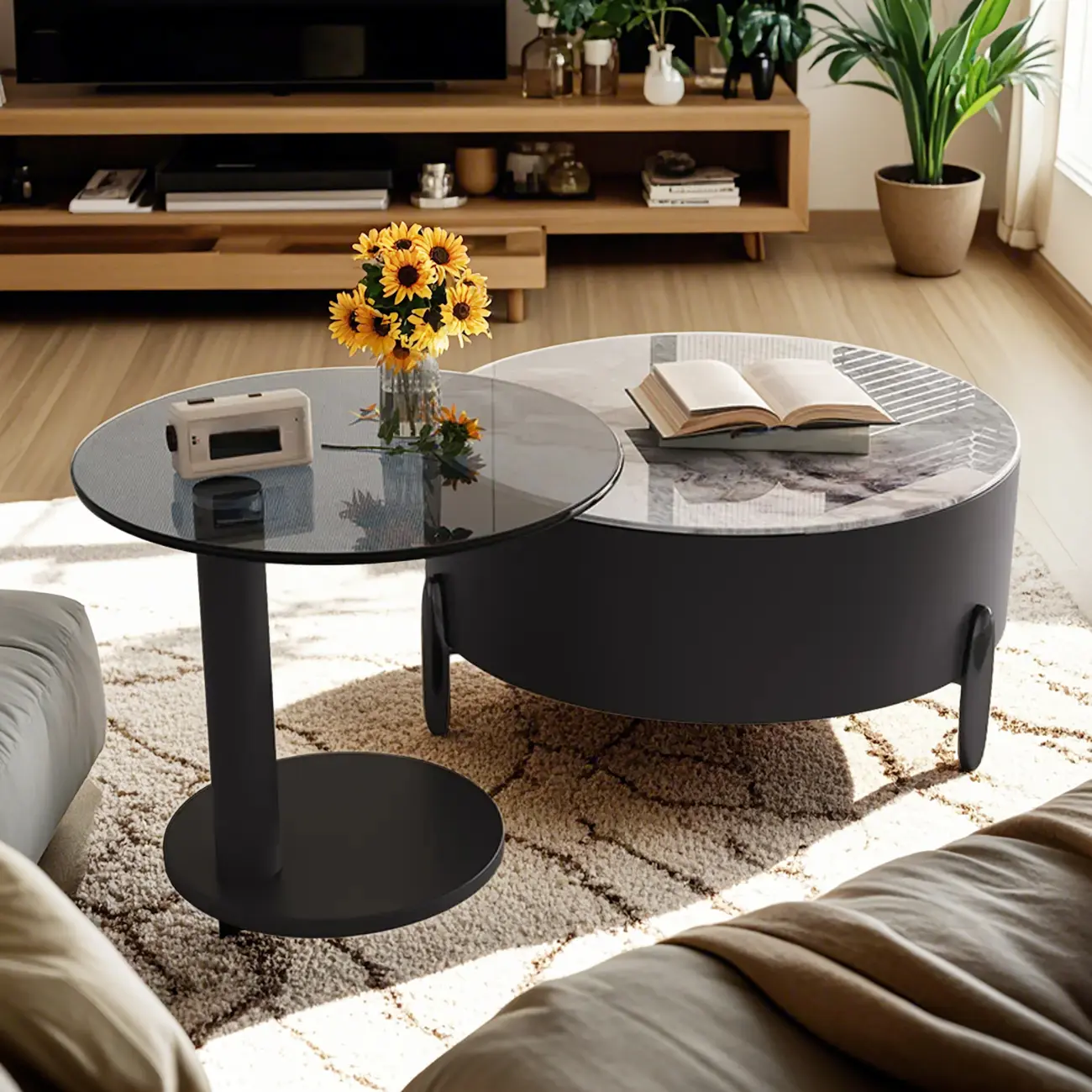 Elegant Indoor Round Nesting Coffee Table with 2 Drawers Image - 7 | homeyfad