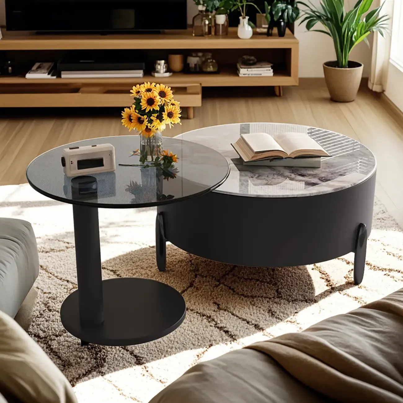 Elegant Indoor Round Nesting Coffee Table with 2 Drawers Image - 7