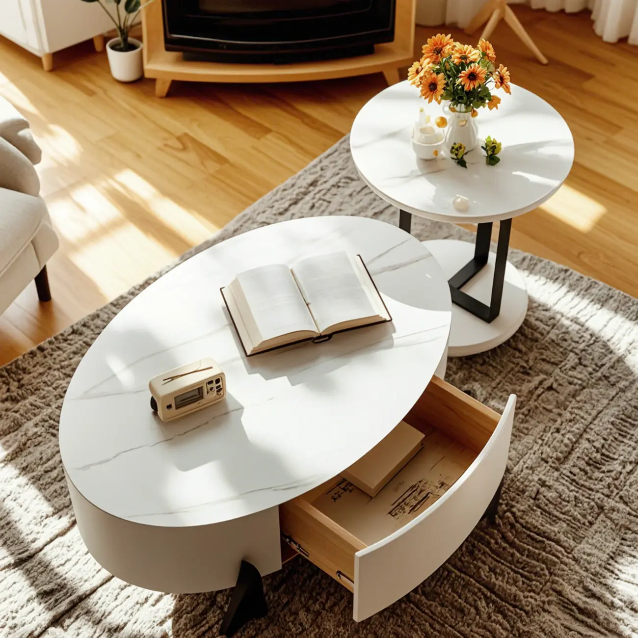 Elegant Indoor Round Nesting Coffee Table with 2 Drawers Image - 8 | homeyfad