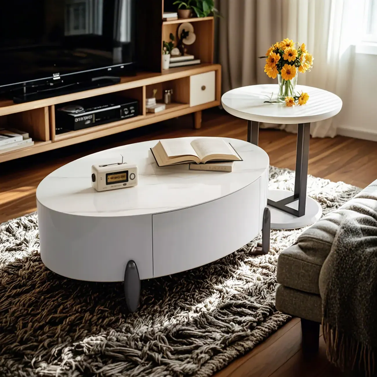 Elegant Indoor Round Nesting Coffee Table with 2 Drawers Image - 9