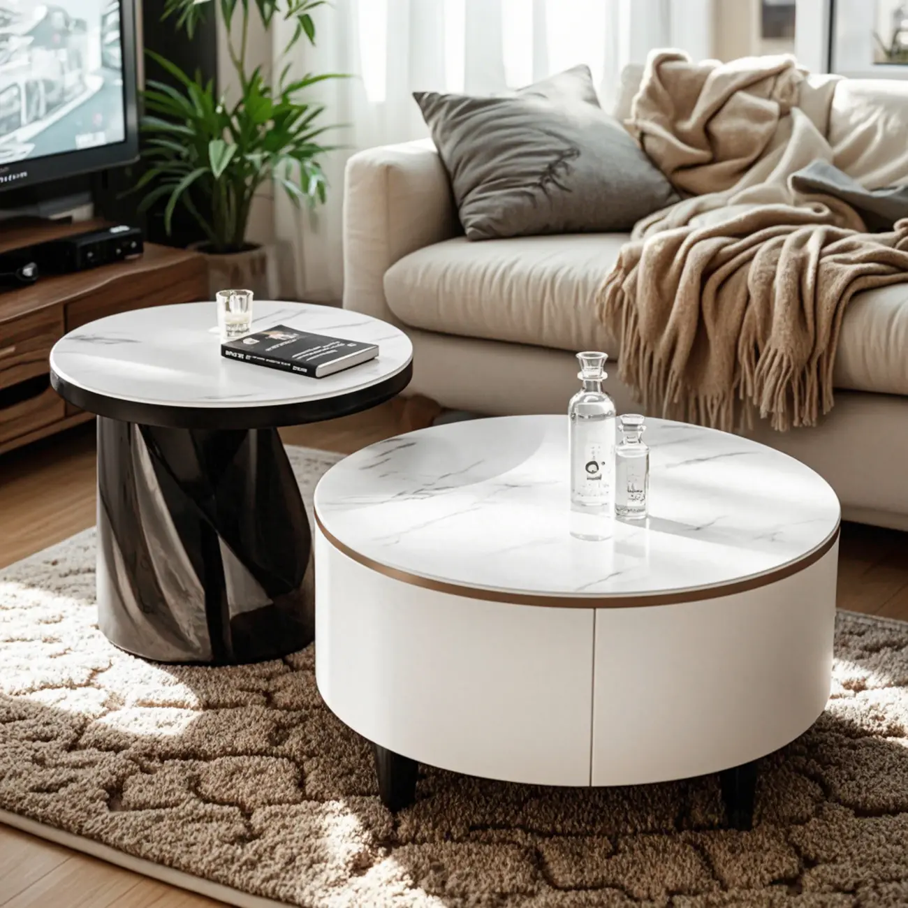 Elegant Indoor Round Nesting Coffee Table with 2 Drawers Image - 13 | homeyfad