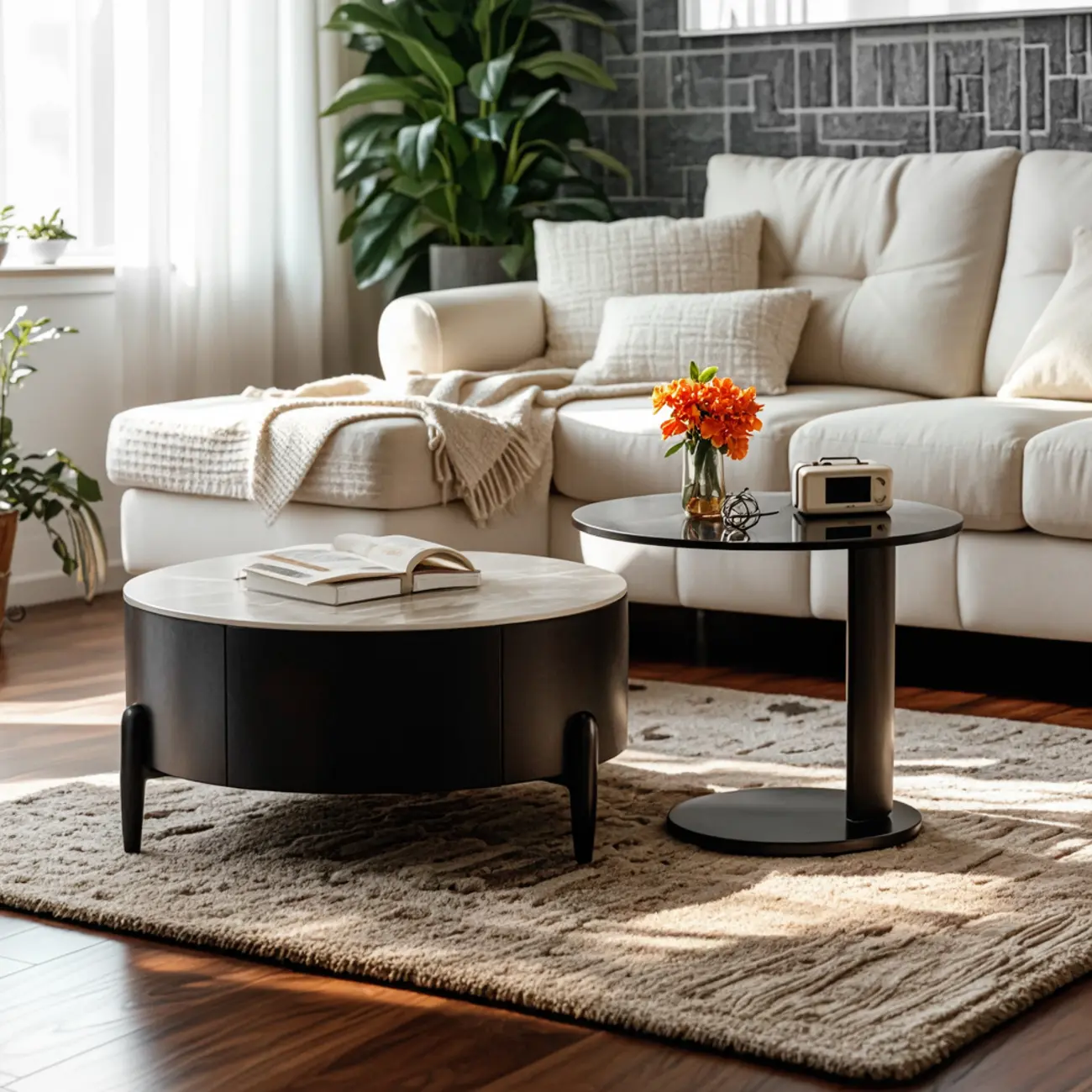 Elegant Indoor Round Nesting Coffee Table with 2 Drawers Image - 14 | homeyfad