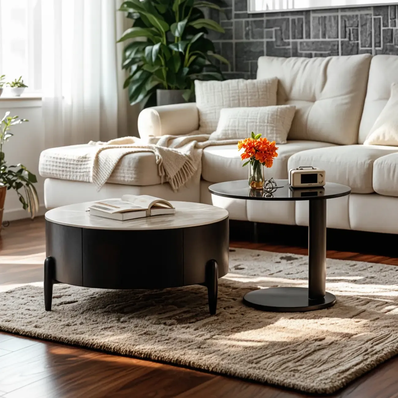 Elegant Indoor Round Nesting Coffee Table with 2 Drawers Image - 14
