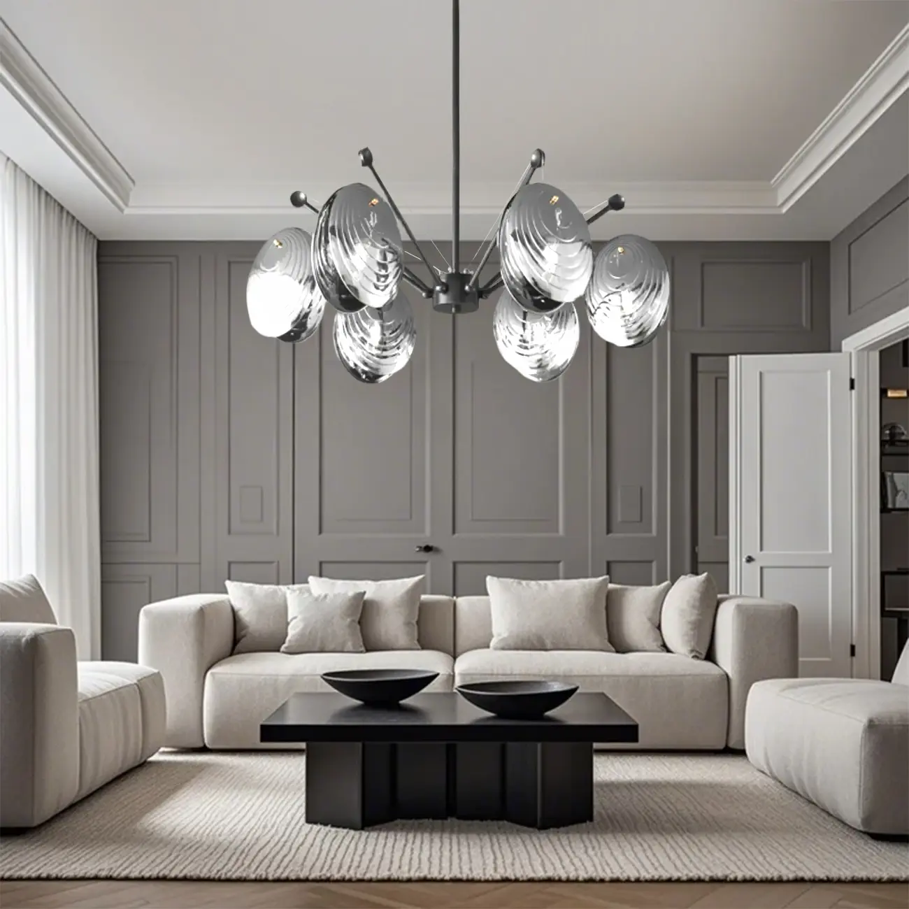 Modern Gray Metal Silver Shell Adjustable Chandeliers Image - 5 | homeyfad