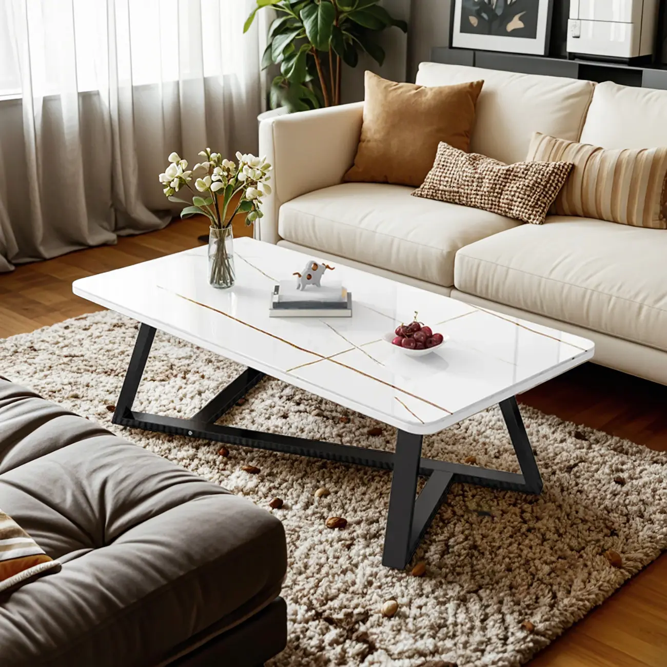 Glam Rectangular Coffee Table with Metal Base Image - 1 | homeyfad