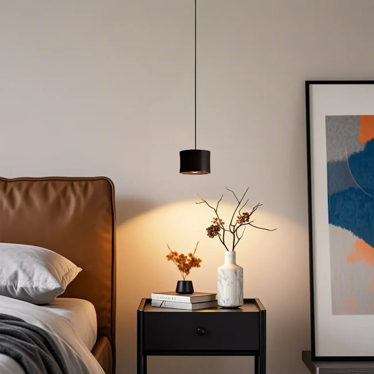 Minimalist Black LED Bedside Pendant Lamp with Long Adjustable Line Image - 1 | homeyfad
