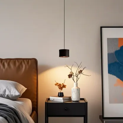 Minimalist Black LED Bedside Pendant Lamp with Long Adjustable Line Image - 1
