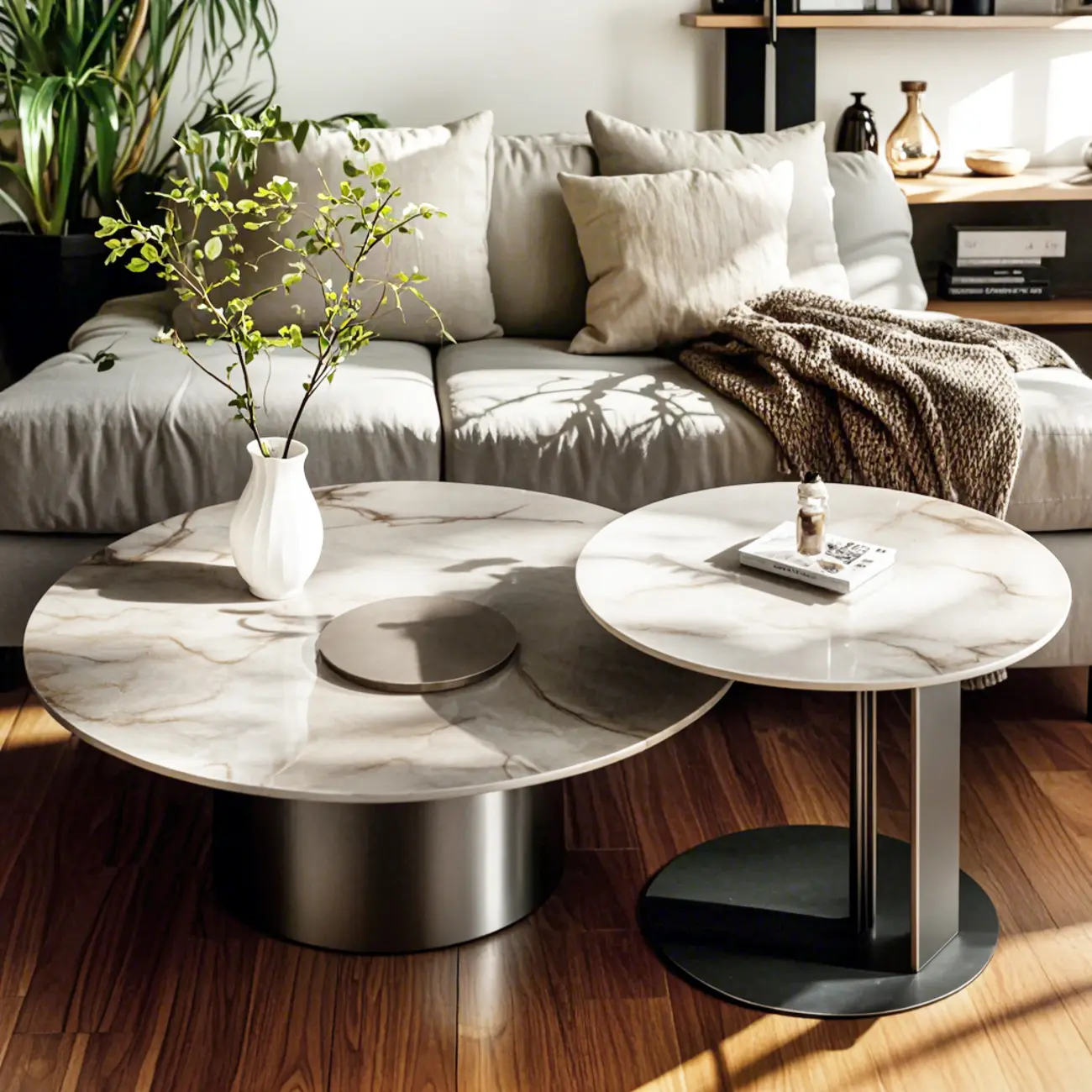 Modern Gray Round Nesting Coffee Table Set with Marble Top Image - 1 | homeyfad