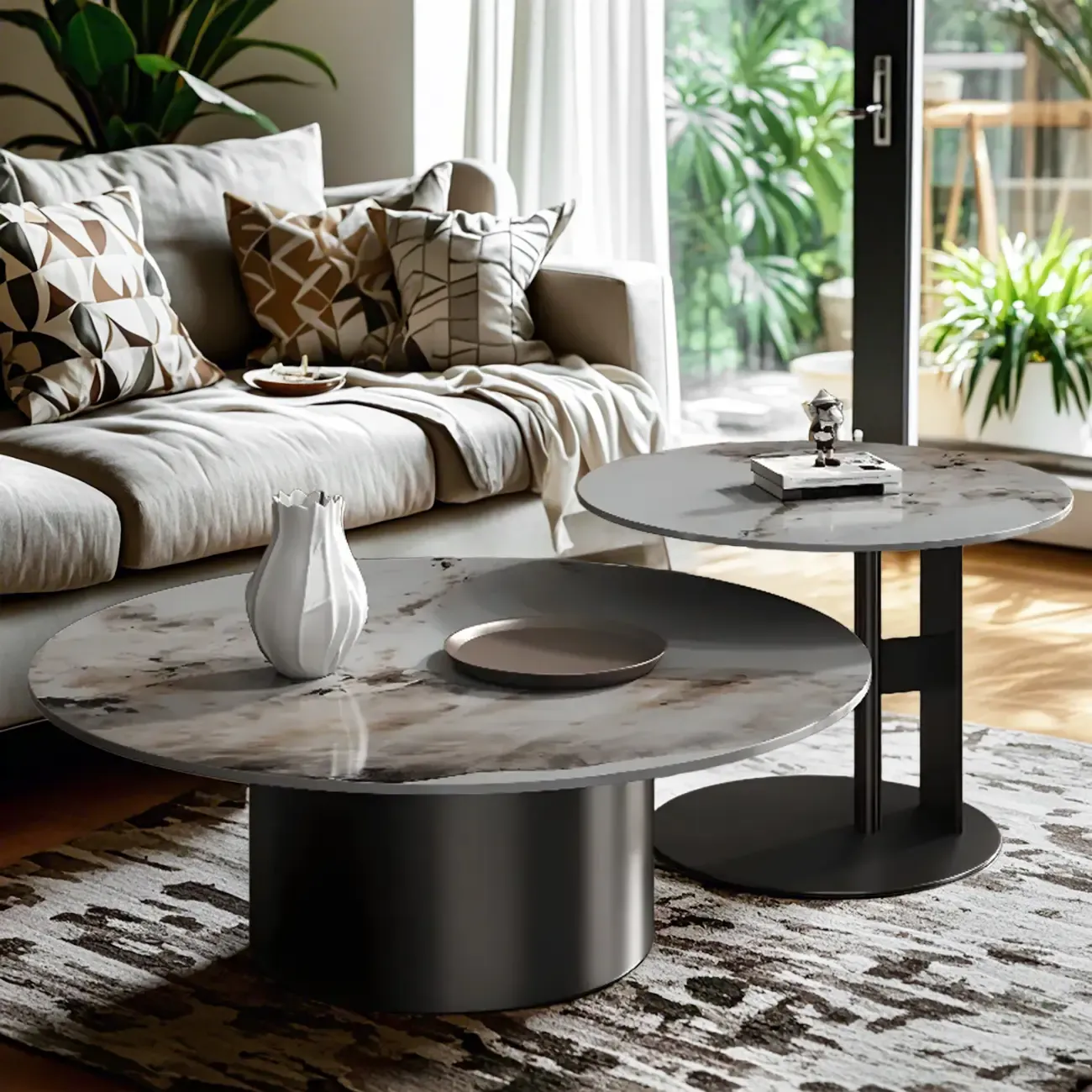 Modern Gray Round Nesting Coffee Table Set with Marble Top Image - 2