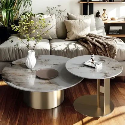 Modern Gray Round Nesting Coffee Table Set with Marble Top Image - 3