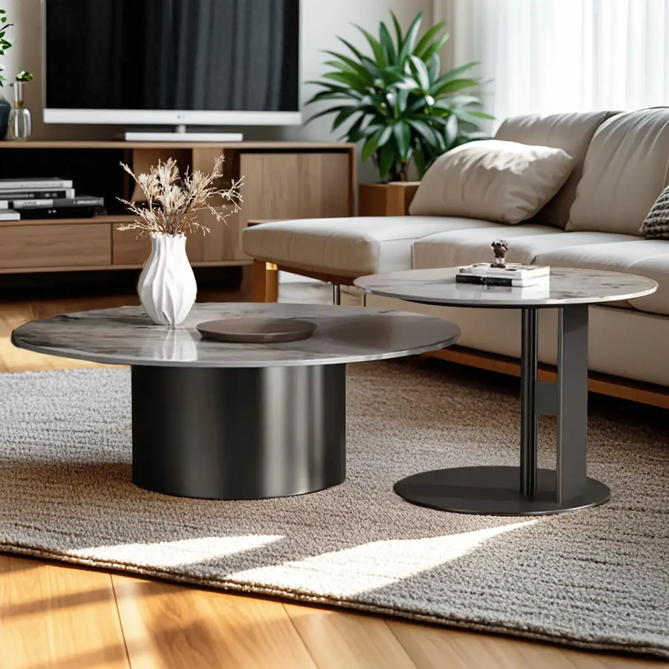 Modern Gray Round Nesting Coffee Table Set with Marble Top Image - 7 | homeyfad