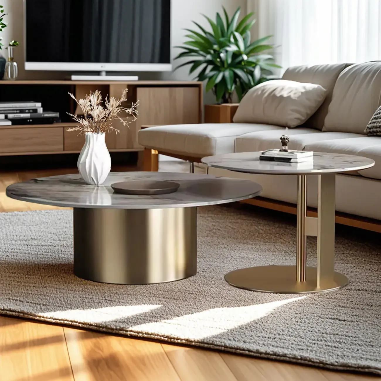 Modern Gray Round Nesting Coffee Table Set with Marble Top Image - 8