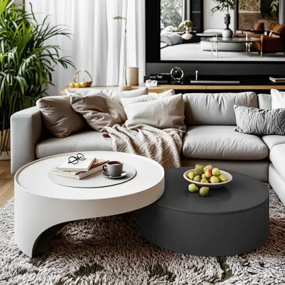 Grey Round Modern Wood Drawer Coffee Table Image - 1
