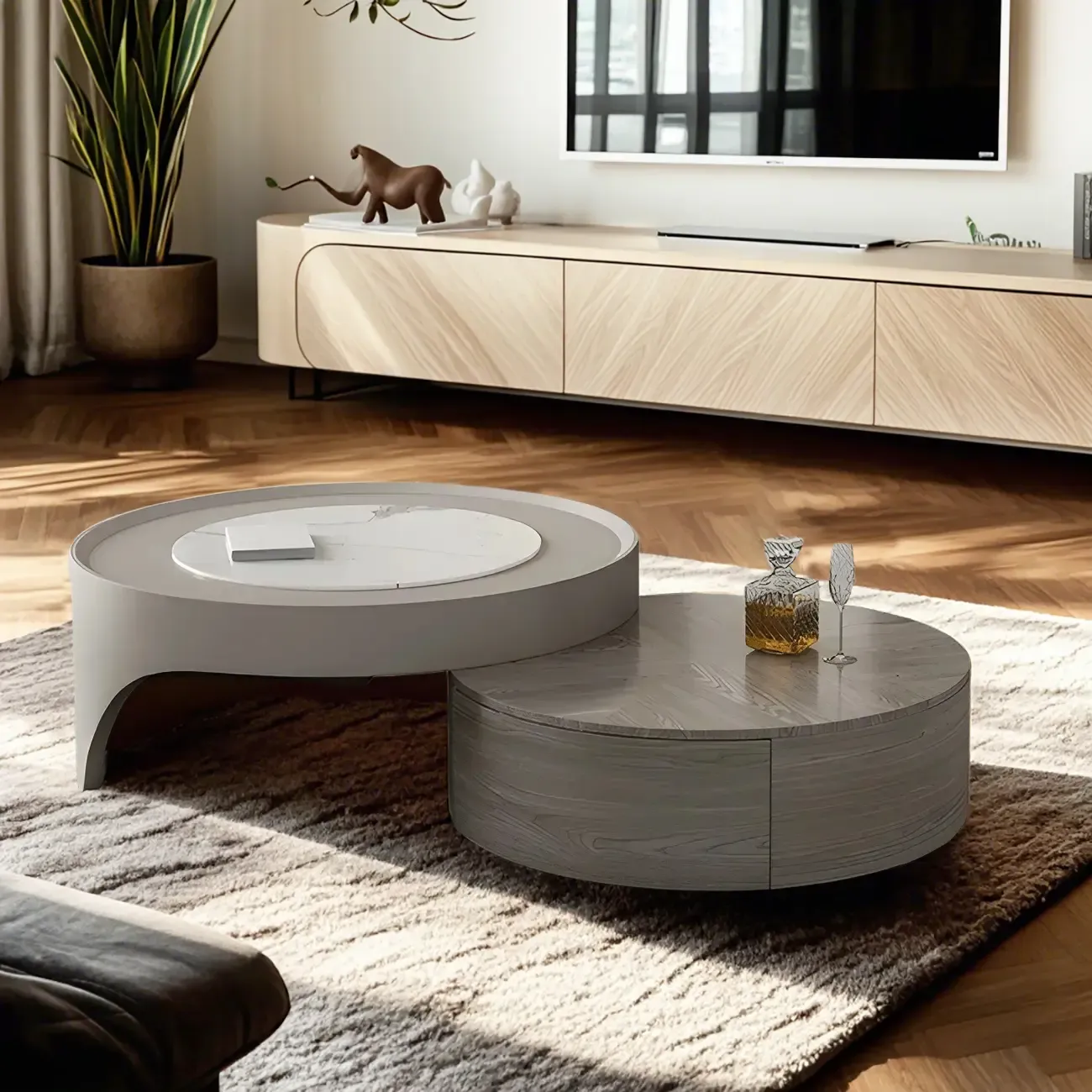 Grey Round Modern Wood Drawer Coffee Table Image - 2