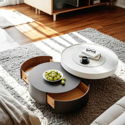 Grey Round Modern Wood Drawer Coffee Table Image - 3