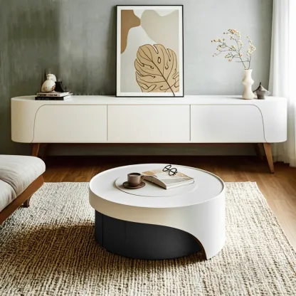 Grey Round Modern Wood Drawer Coffee Table Image - 4