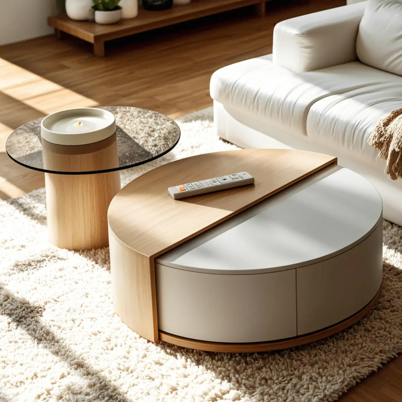Natural Round Modern Wood Coffee Table with Storage Image - 1 | homeyfad