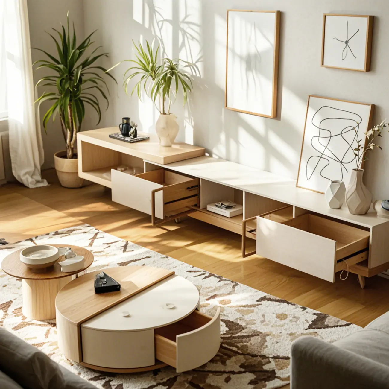 Natural Round Modern Wood Coffee Table with Storage Image - 2 | homeyfad