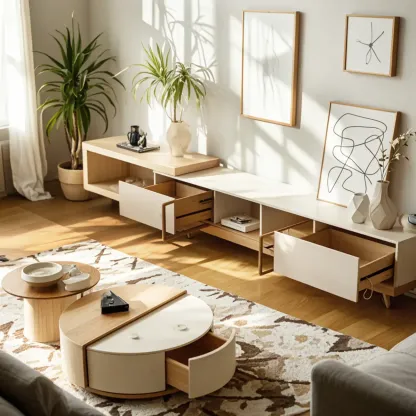 Natural Round Modern Wood Coffee Table with Storage Image - 2