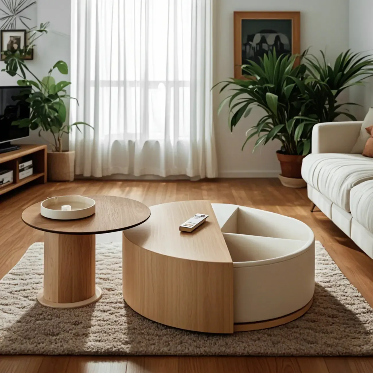Natural Round Modern Wood Coffee Table with Storage Image - 3