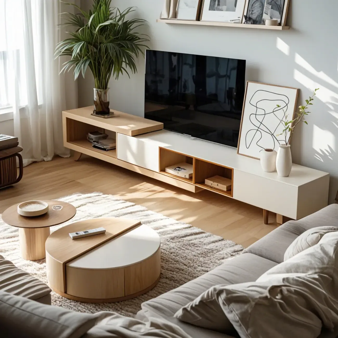 Natural Round Modern Wood Coffee Table with Storage Image - 5