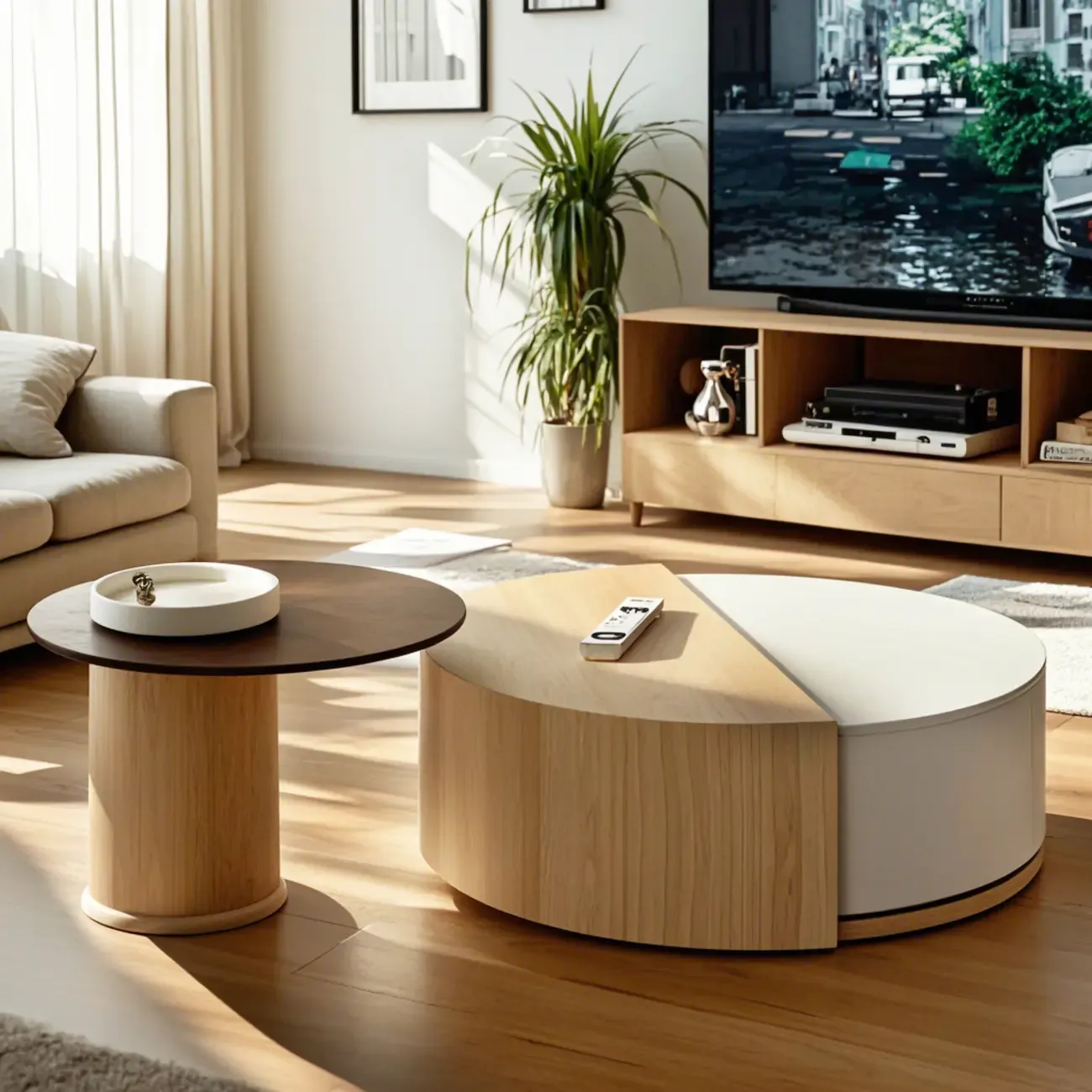 Natural Round Modern Wood Coffee Table with Storage Image - 6