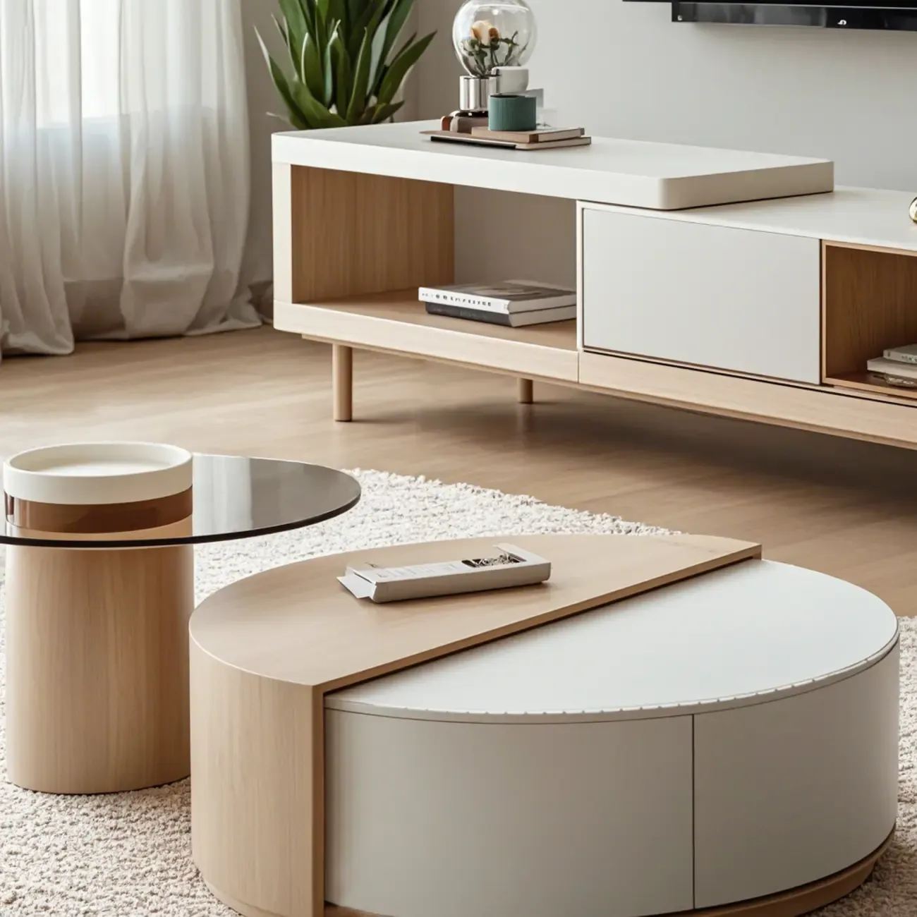 Natural Round Modern Wood Coffee Table with Storage Image - 4